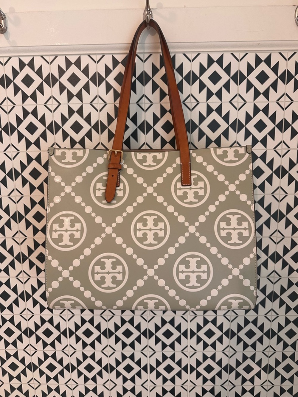 Tory Burch  Printed Tote in Sage and White with Tan Straps